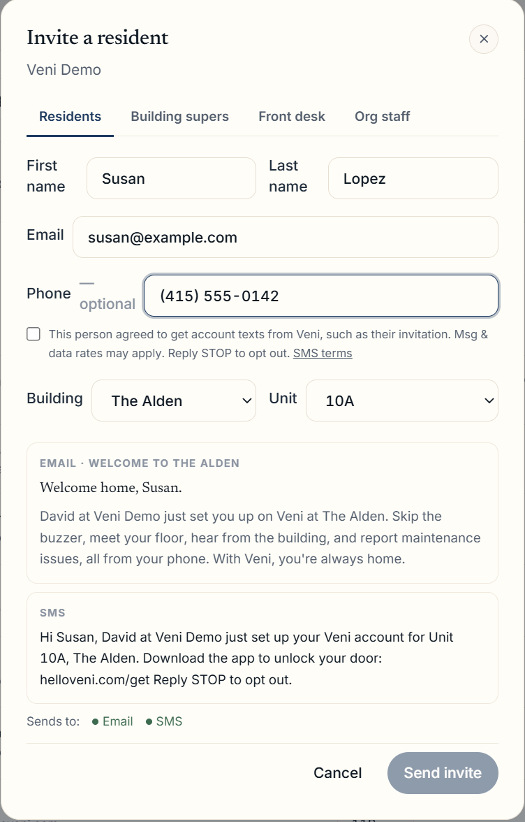 The Invite a resident form in the Veni management portal. Below the phone field is an unticked checkbox: This person agreed to get account texts from Veni, such as their invitation. Msg & data rates may apply. Reply STOP to opt out. SMS terms. The Send invite button is disabled.